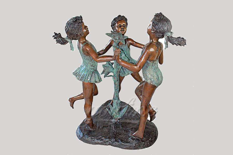 Life size playing casting bronze children sculpture with flowers